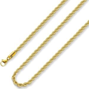 18k Real Gold Plated Rope Chain 5mm Stainless Steel Necklace for Men Women 18”